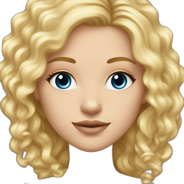 Fille blonde ,cheveux bouclé détaché vers l'arrière long jusque au millieu du dos et volumineux,teint blanc , yeux bleu visage un peu carré emoji