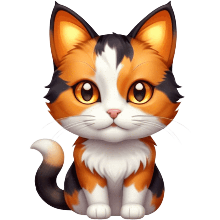 Cinematic Cute Calico Cat Portrait Emoji, Head tilted playfully with sparkling, inquisitive eyes and a charming patchwork fur of orange, black, and white, simplified yet irresistibly adorable, highly detailed, glowing with a warm, inviting glow, high shine, bubbly and affectionate, styled with a touch of whimsical feline charm, soft glowing outline, capturing the essence of a delightfully cute calico cat that looks as if it could prance off the screen into your heart! emoji