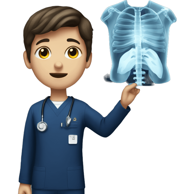 Brunette boy in navy scrubs looking at an X-ray  emoji