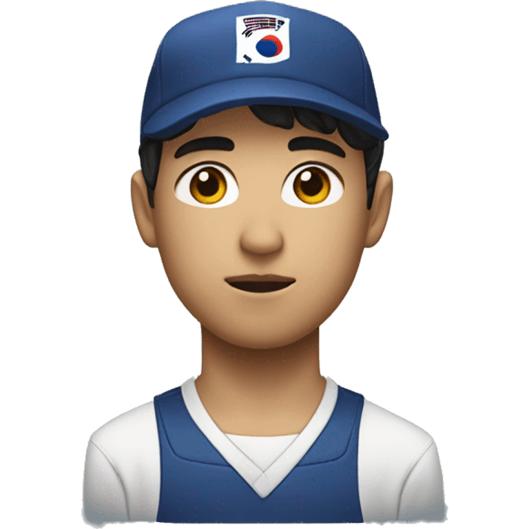 young guy with small wavy hair korean race suit with side profile and hat being serious emoji