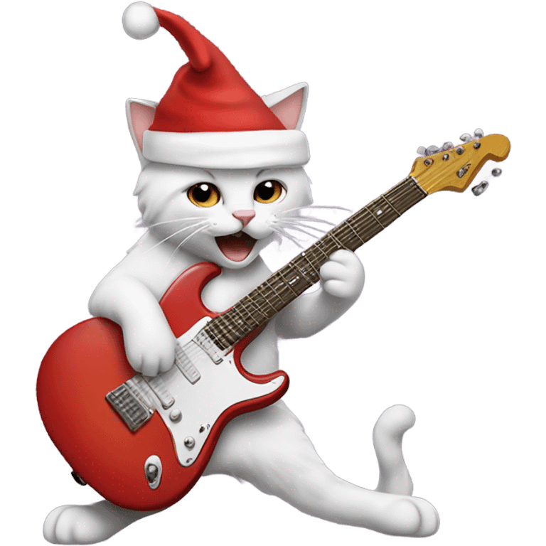 Cat rocking out on electric guitar wearing a Santa hat emoji