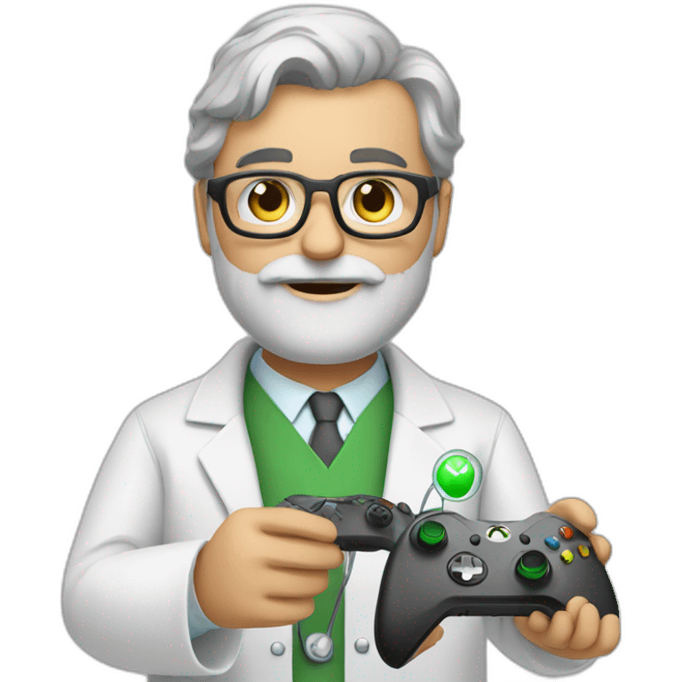 Grey beard scientist in lab coat with Xbox controller emoji