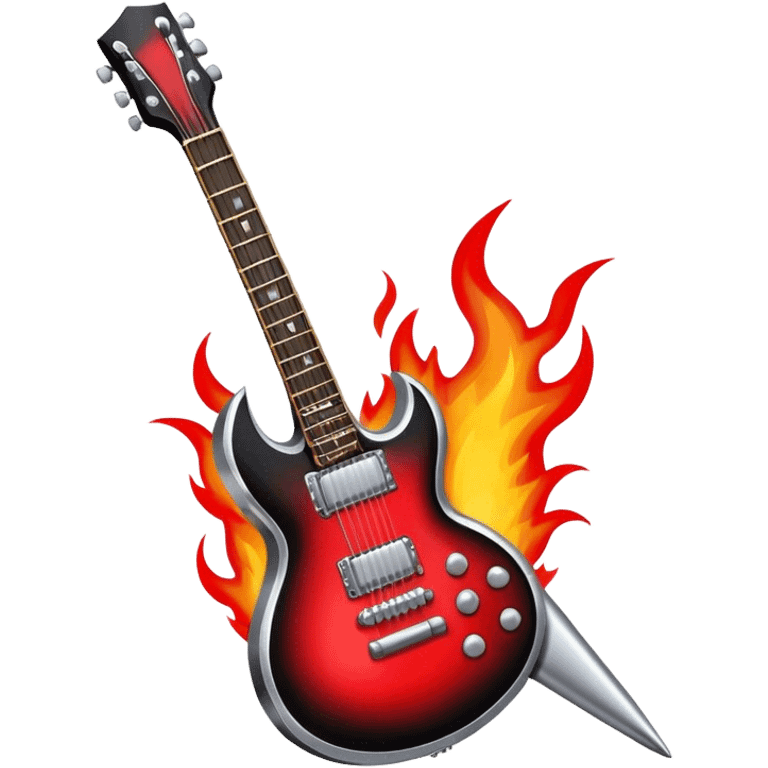 Create a bold and powerful emoji representing rock vocal performance in a humanless collage. The design should feature a vintage microphone at the center, surrounded by a heavy, aggressive hardcore electric guitar with sharp, jagged edges. Include crossed drumsticks behind the guitar, symbolizing the intense rhythm of rock music. Add fiery elements like flames or lightning bolts to enhance the raw energy of the design. Use dark, bold colors like black, red, and silver, with metallic or chrome accents to reflect the rebellious, hard-hitting nature of rock. The background should be transparent. emoji