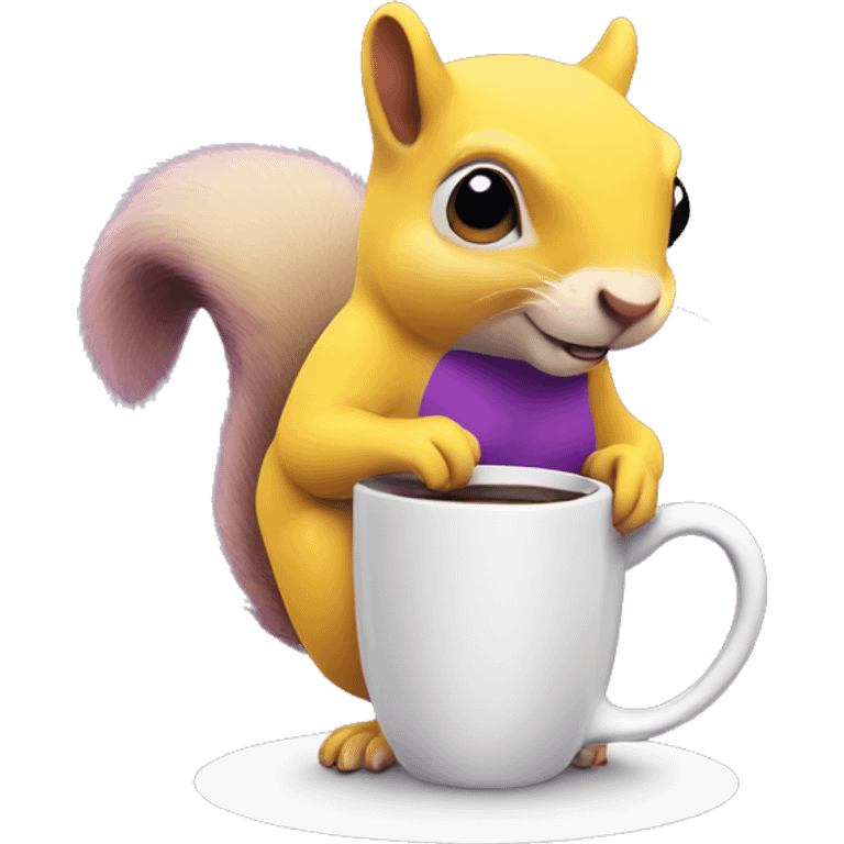 purple squirrel in a yellow dress with a mug of coffee in its paws emoji