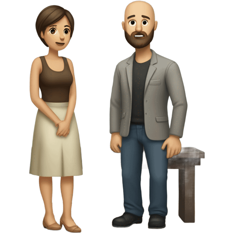 brunette woman kneeling to bald man with beard standing emoji