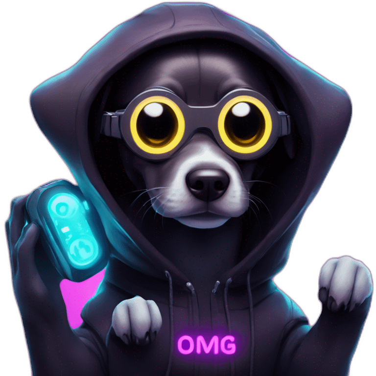 funny dog wearing a black hoodie with "OMG" letters on it and VR headset in a cyberpunk VR environment with violet neon lighting. emoji