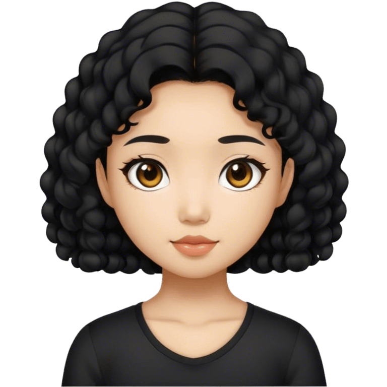 A Asian girl with a middle part, black curly hair, and wearing a black top emoji