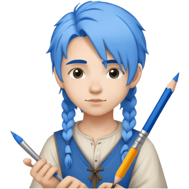 smart young painter apprentice with blu hair  drawing with pencil, medieval age emoji