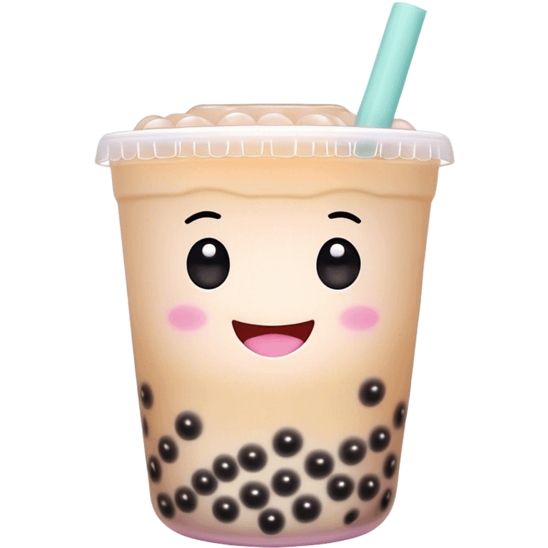 Cinematic pastel-colored bubble tea, chubby cup with a smiling face, tiny black tapioca pearls peeking out, soft glowing background, playful and adorable. emoji