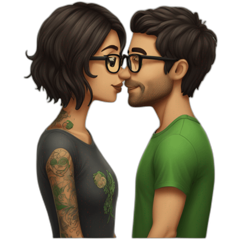 Brazilian long brown hair girl wearing glasses kissing Irish dark short hair guy with many tattoos emoji