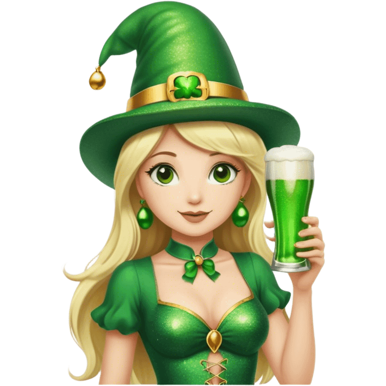 Blonde haired pretty woman in glittery green bell bottoms and tall leprechaun hat holding a green beer emoji