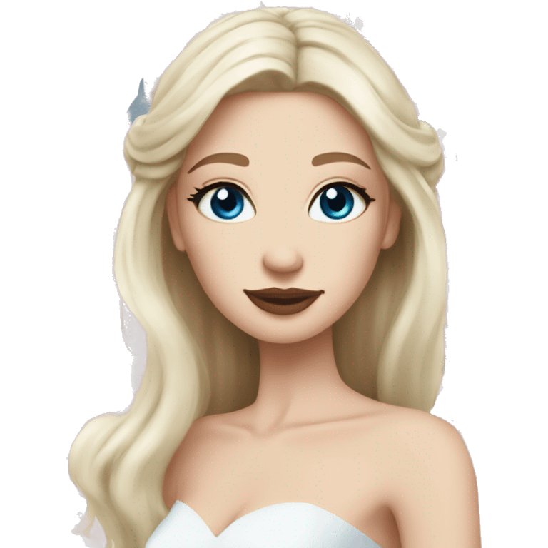 White bride with long light blonde hair and blue eyes with light pink peonies in hair white skin  emoji