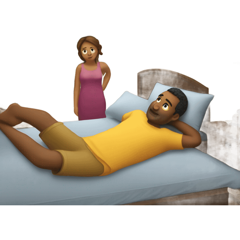 Bed with man in background and woman on bed in front of him emoji