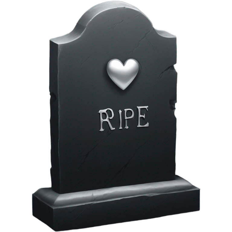 a black tombstone with the inscriptions in silver RIP and a silver heart in the center emoji