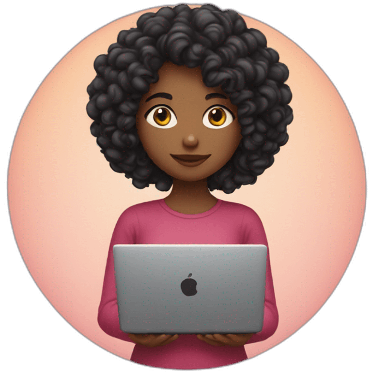 girl with long curly dark hair, with a laptop in her hands and hearts behind her back emoji