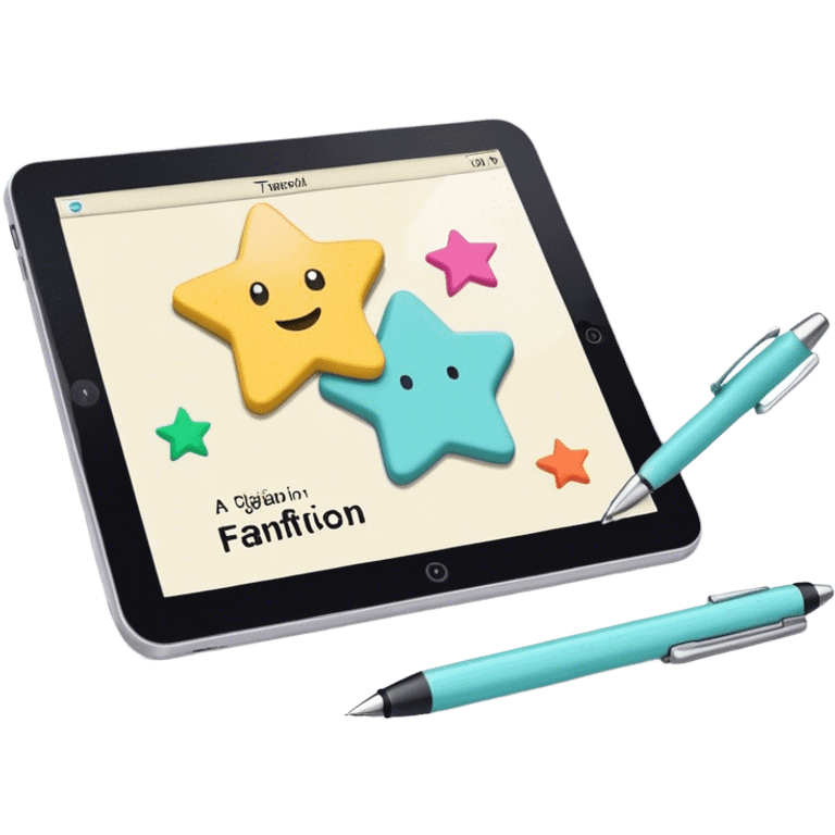 Create an emoji representing fanfiction writing. The design should feature an open notebook or digital device with visible text, symbolizing the creative process of writing fanfiction. Include elements like a pencil or pen nearby, and optionally, add a subtle reference to popular fictional characters or universes (like a small star, heart, or magical item) to indicate the fan aspect. Use a playful, imaginative color palette, blending vibrant tones with soft neutrals. Do not include any emojis or smiley faces. Make the background transparent. emoji