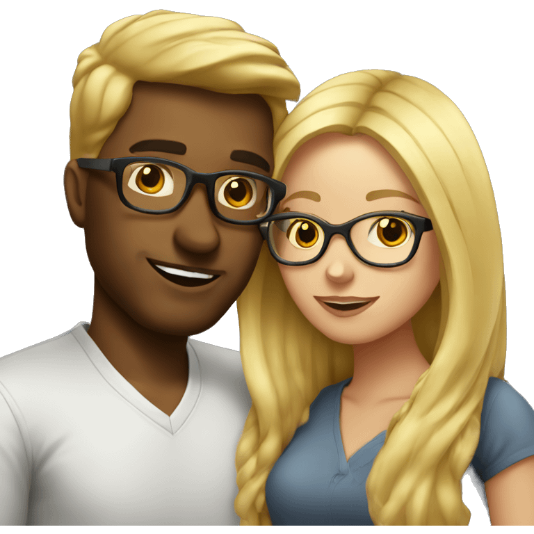 Blond woman with glasses kissing brunette man without beard emoji