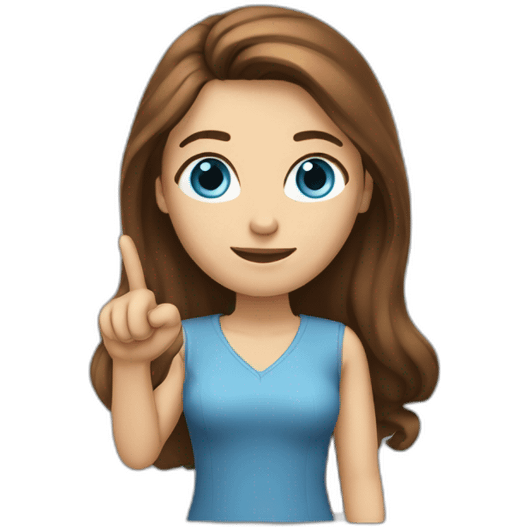 brown-haired woman with long hair, blue eyes shows her index finger emoji