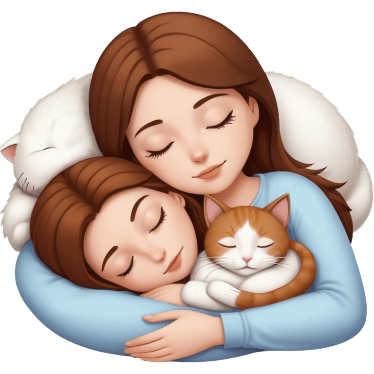 White girl brown hair sleeping with white kitty emoji