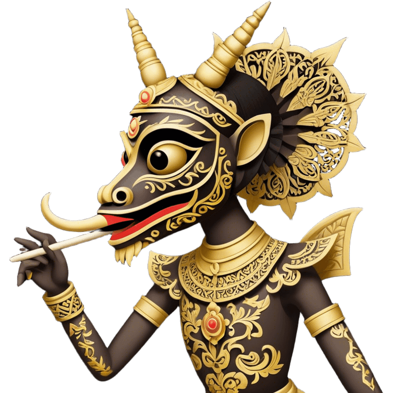 Wayang – Cinematic Realistic Wayang, depicted as intricately carved traditional Indonesian shadow puppets with expressive features and vibrant cultural motifs, set against a dark, dramatic backdrop with subtle glowing highlights that evoke the mystical art of shadow play. emoji