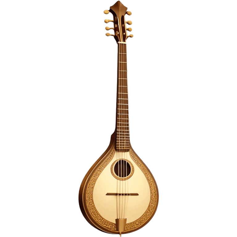 Bouzouki – Cinematic Realistic Bouzouki, depicted as a beautifully crafted Greek string instrument with a long neck and ornate fretwork, its polished wooden body reflecting warm golden light, set on a rustic background with soft shadows that evoke traditional Mediterranean music. emoji