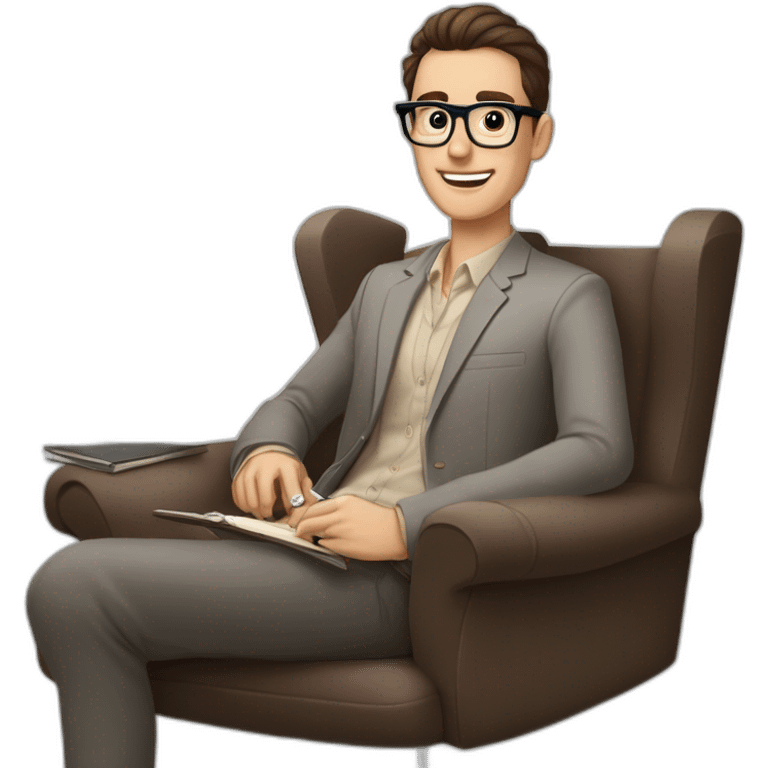 Pale skinned Fit Man With dark brown hair in gray jacket, beige office shirt, Brown pants and vintage glasses sitting In a soft chair with a notebook on spring with emblem Ψ and a pen emoji