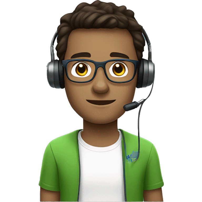 white young man with blue eyes and dark brown hair and square glasses wearing green t-shirt with headset emoji