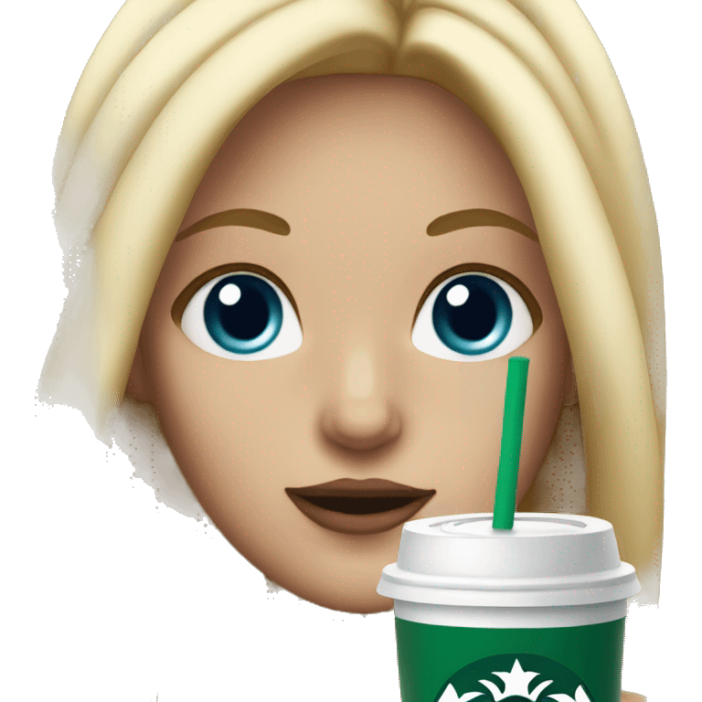 blonde girl blue eyes with Starbucks cup drink emoji