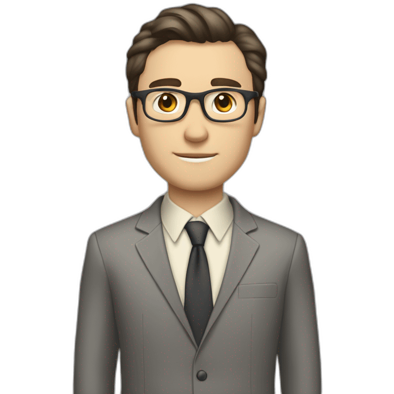 Full height Pale skinned Fit Man With dark brown hair in classic gray suit, beige office shirt, dark gray tie, and vintage glasses. His hands lock emoji