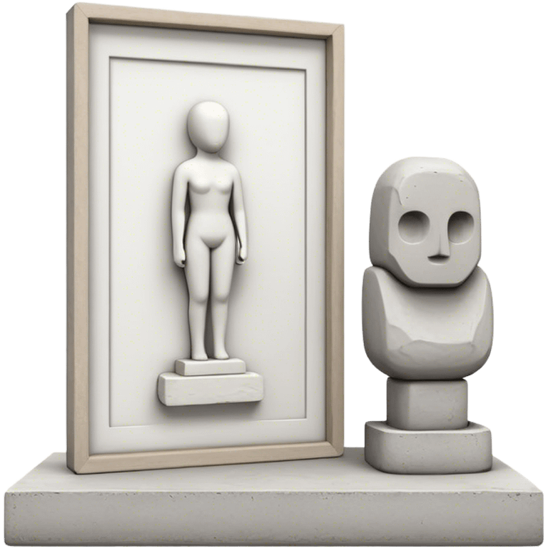 Plaster sculpture and concrete sculpture, small and large, standing side by side, simple and textured, sculpting tools nearby, minimalistic, on a white background, no extra details. emoji