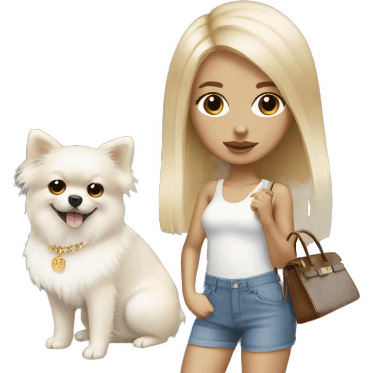 Blonde skinny girl with white pomeranian and Hermes birkin bag emoji