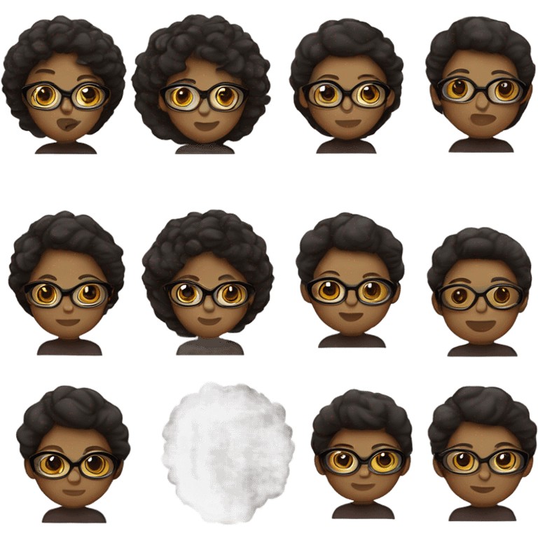 Una chica de pelo negro, largo y liso, de piel morena claro, delgada con gafas y con ojos marrón oscuro emoji