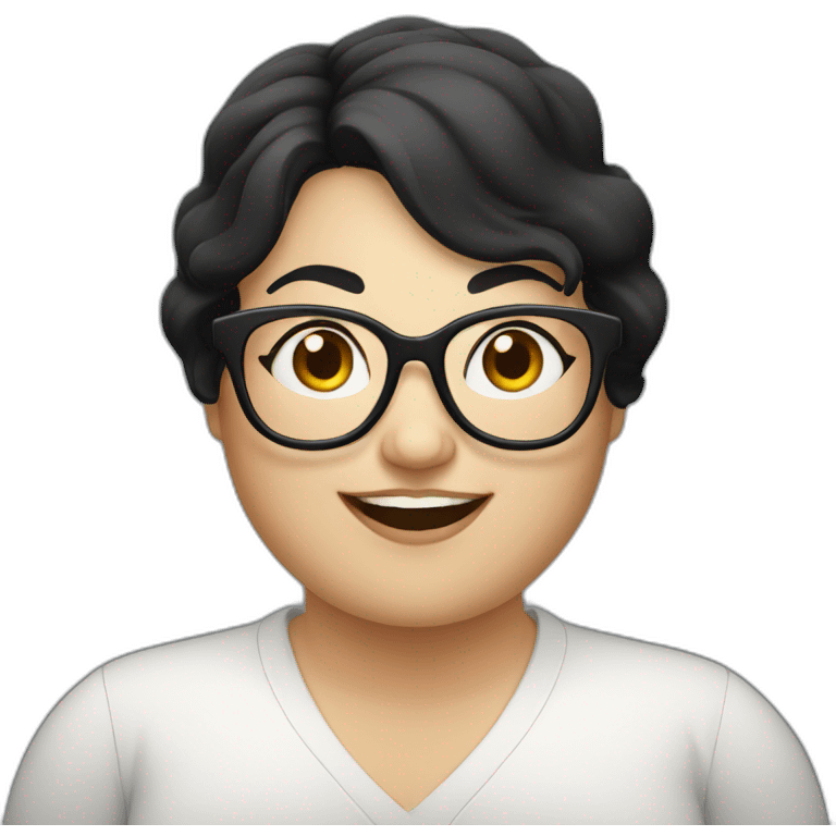 A chubby white woman with black hair glasses and smiling emoji