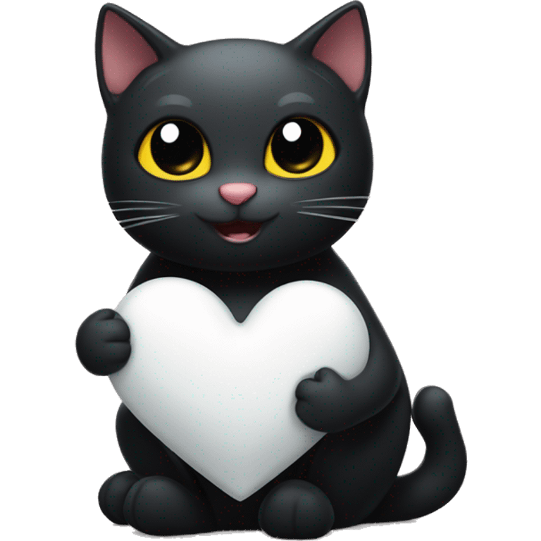 the black cat smiles sweetly and holds a white heart near its belly and hugs it emoji