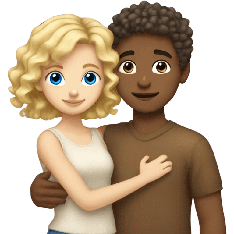 blonde blue eyed girl hugging mixed boy with curly brown hair emoji