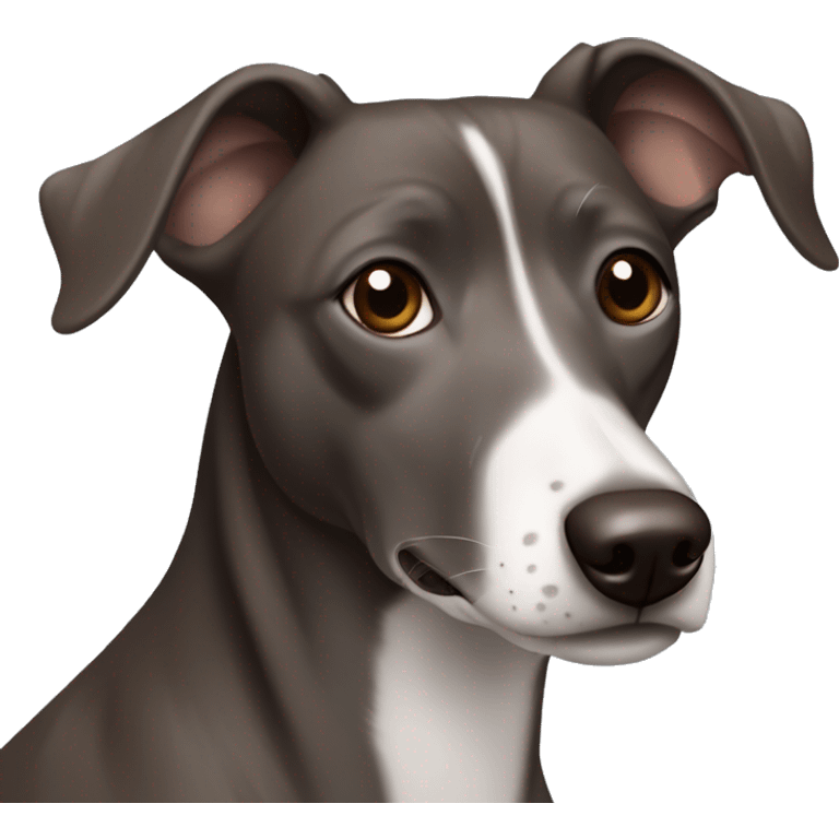 Dark Grey brown Formosa mountain dog and Italian greyhound mix, dark brown eyes, ears up emoji