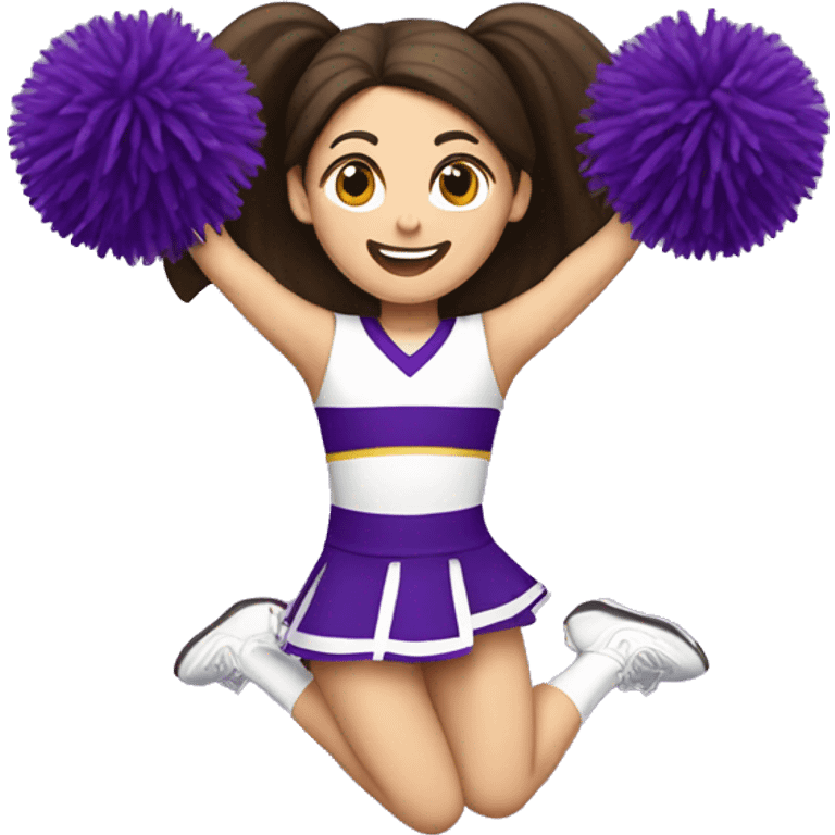 Caucasian cheerleader with long dark brown hair, jumping and holding up two purple Pom poms, small full body emoji emoji