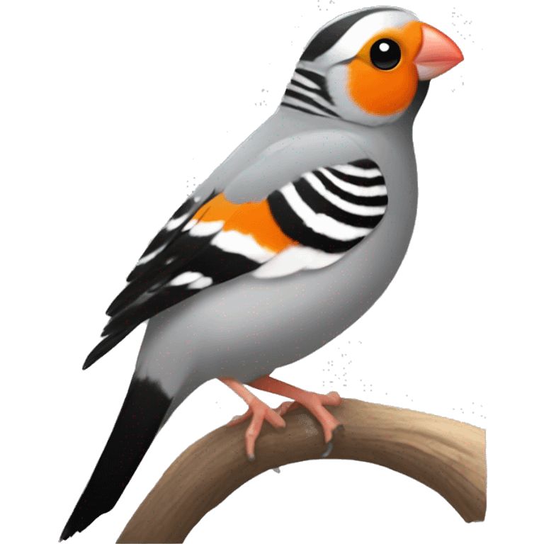 Zebra finch with orange circle cheeks, grey body, white chest, with black tail, black eyes, and orange feet emoji