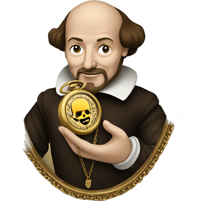 William Shakespeare holds an antique gold watch on a chain in his hand emoji