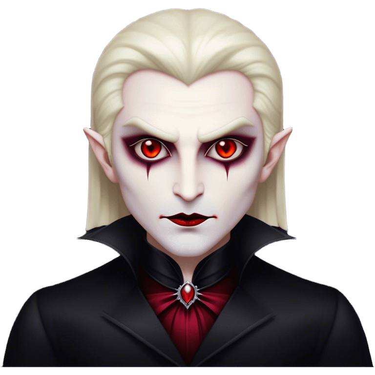 Cinematic Noble Vampire Portrait Emoji, Elegant and commanding, with a refined, pale visage framed by dark, velvet accents and a hint of crimson, exuding timeless seduction and dangerous allure, simplified yet exquisitely detailed, glowing with a soft nocturnal radiance and a subtle, mysterious outline that captures the regal spirit of an immortal lord of the night! emoji