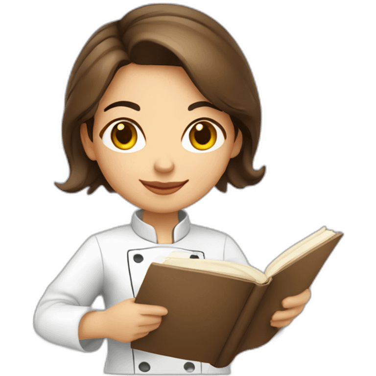 Ecuadorian cute female chef holding a cook book with medium short brown hair and light brown eyes emoji