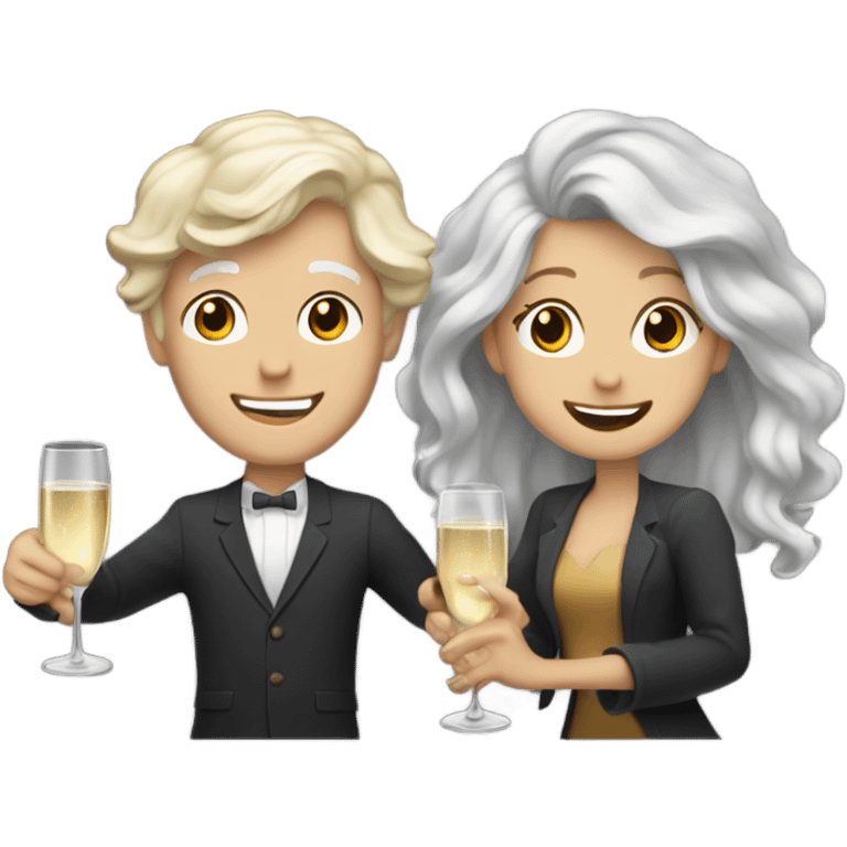 a white boy with gray hair and a girl with long blond wavy hair dancing with a glass of champagne emoji