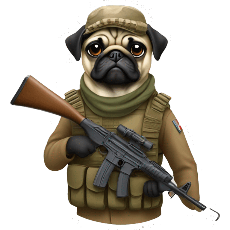 A pug in a war outfit with a AK-47 emoji