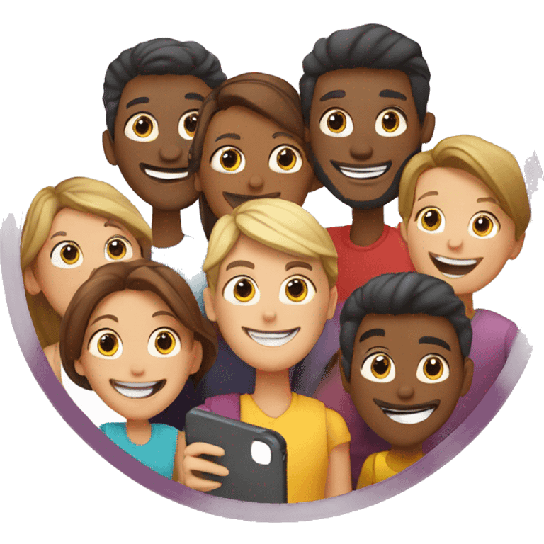 Group of happy people taking selfie. In a circle shape emoji