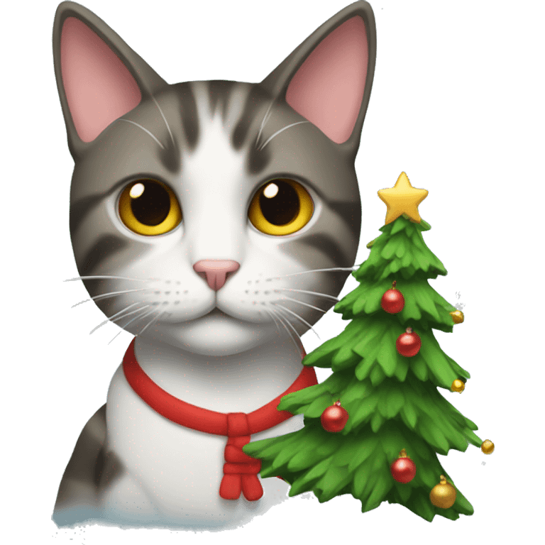 A cat in front of a Christmas tree emoji