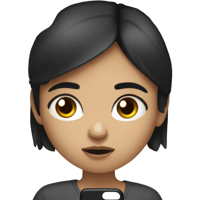 A girl with white skin and dark hair, with a sad face, holding her phone in her hand and typing a message, a message cloud on the side of it emoji