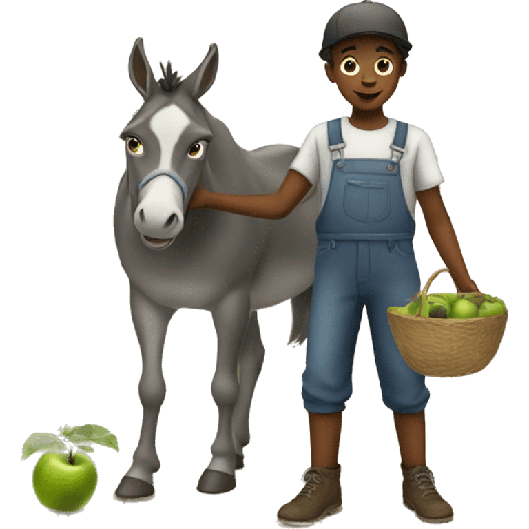 A young boy working in an orchard with a donkey  emoji