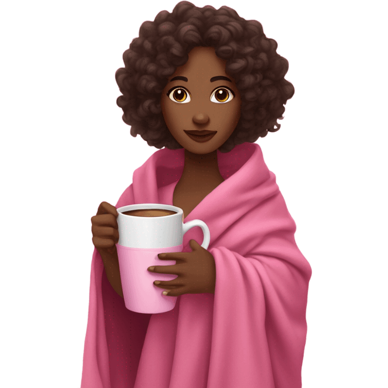 A black woman with dark brown eye and long curly hair  with a pink blanket wrapped over her shoulders, holding a pink mug of coffee emoji