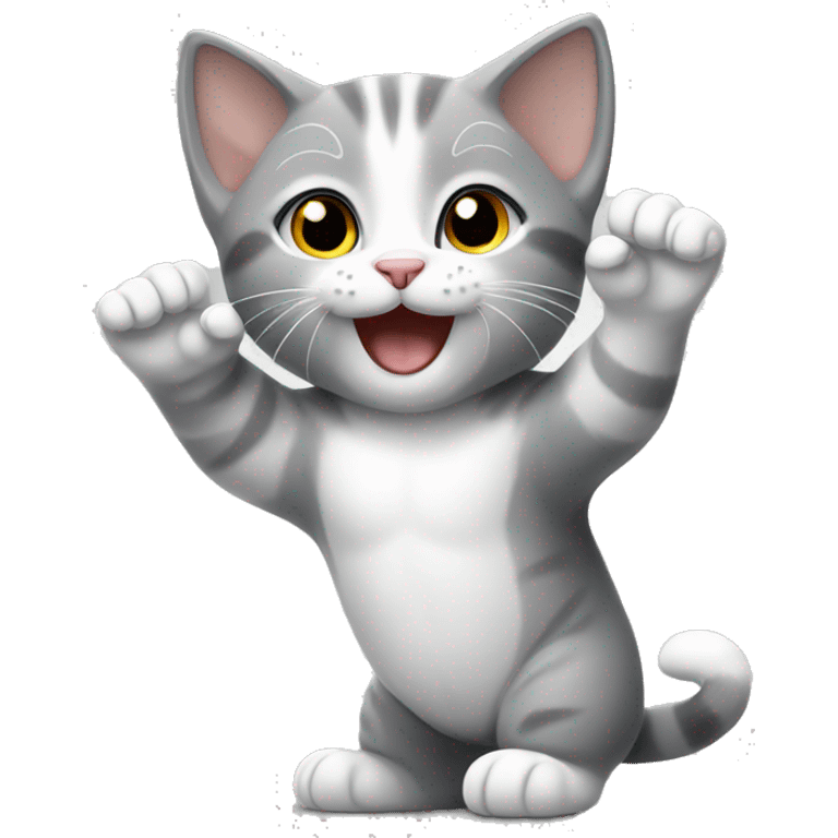 Gray and white kitten with arms up  emoji