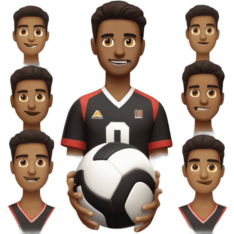 chico moreno con un ojo marron claro y el otro marron oscuro junto con un balon de voleibol en la mano con un buso negro emoji